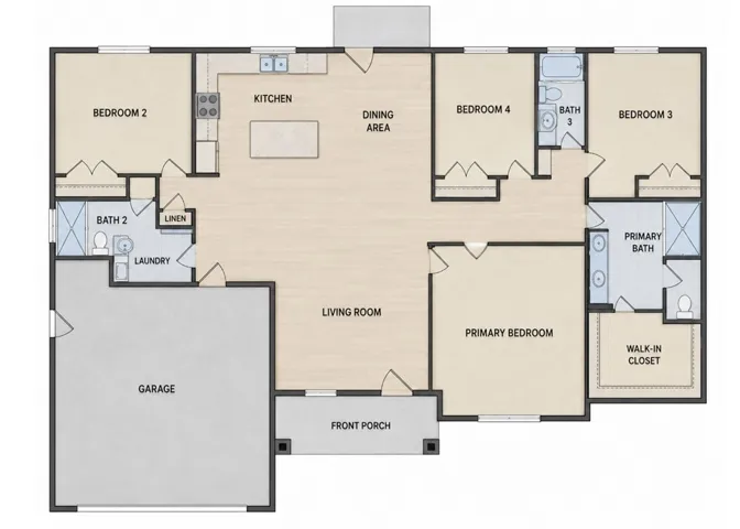 A well-designed four-bedroom single-level floor plan showcases an open living area and spacious primary suite.