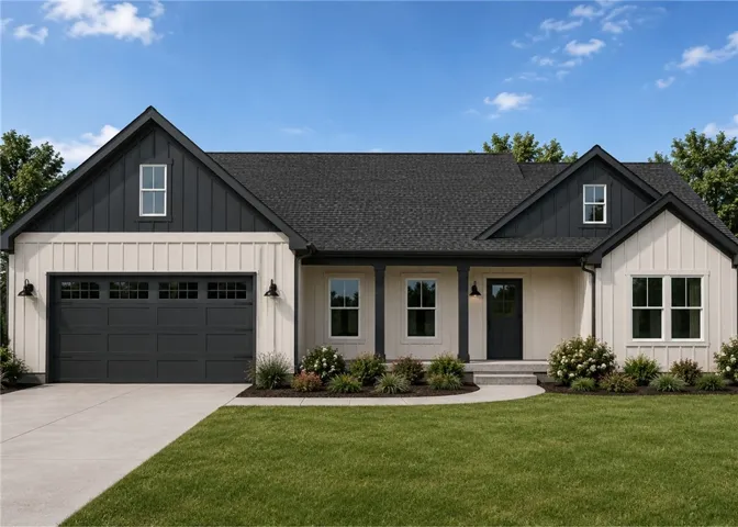 Striking board and batten siding pairs perfectly with a dark gabled roofline.