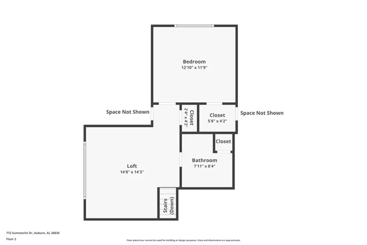 An organized second-level layout detailing the bedroom, loft, and bathroom configuration.