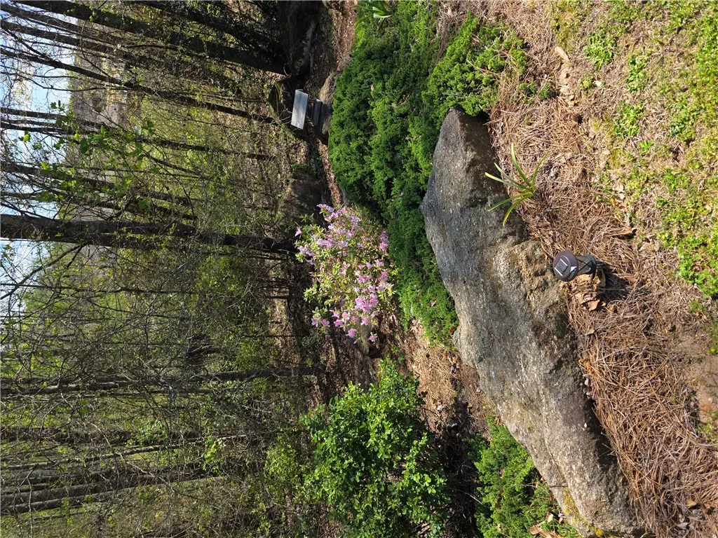 Lush landscaping and natural rock features define this serene, wooded property border.