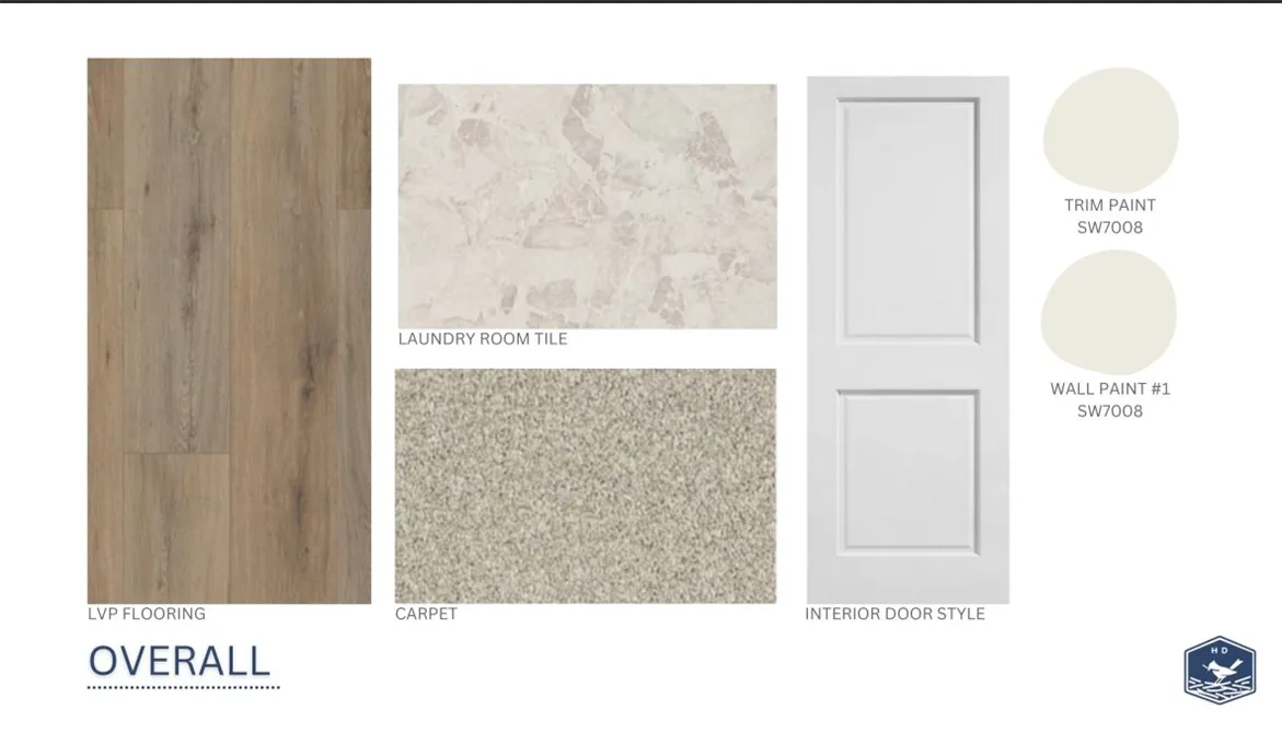 An overview of selected interior finishes showcases flooring, tile, and door styles for the home.