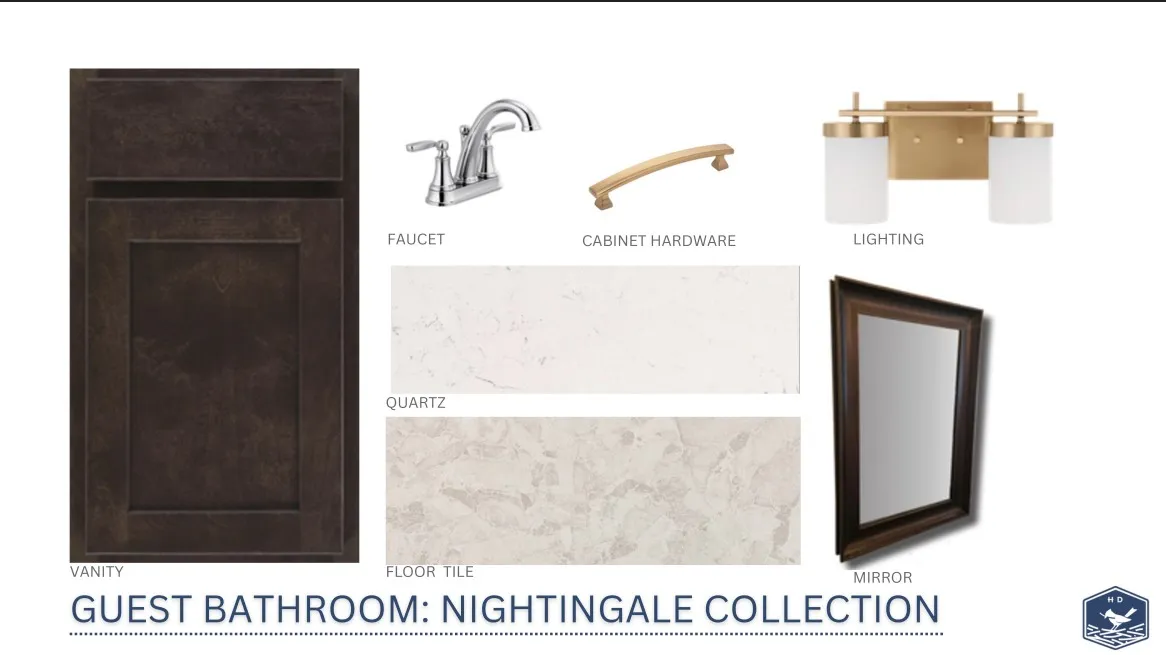 Selected premium finishes showcase a cohesive design palette curated for the elegant guest bathroom.