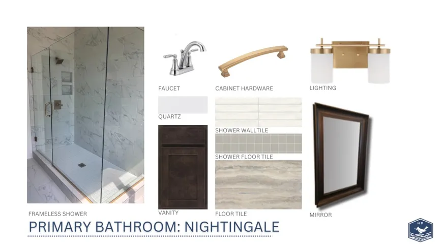 Selected design finishes create a cohesive and sophisticated look for the primary bathroom.