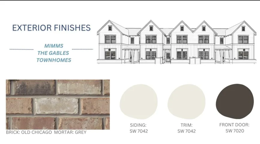 A curated palette of high-end exterior finishes highlights the modern townhome architectural rendering.