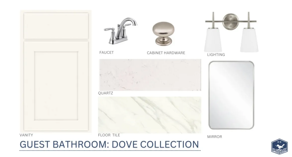 A curated mood board showcases the design elements selected for the elegant guest bathroom.