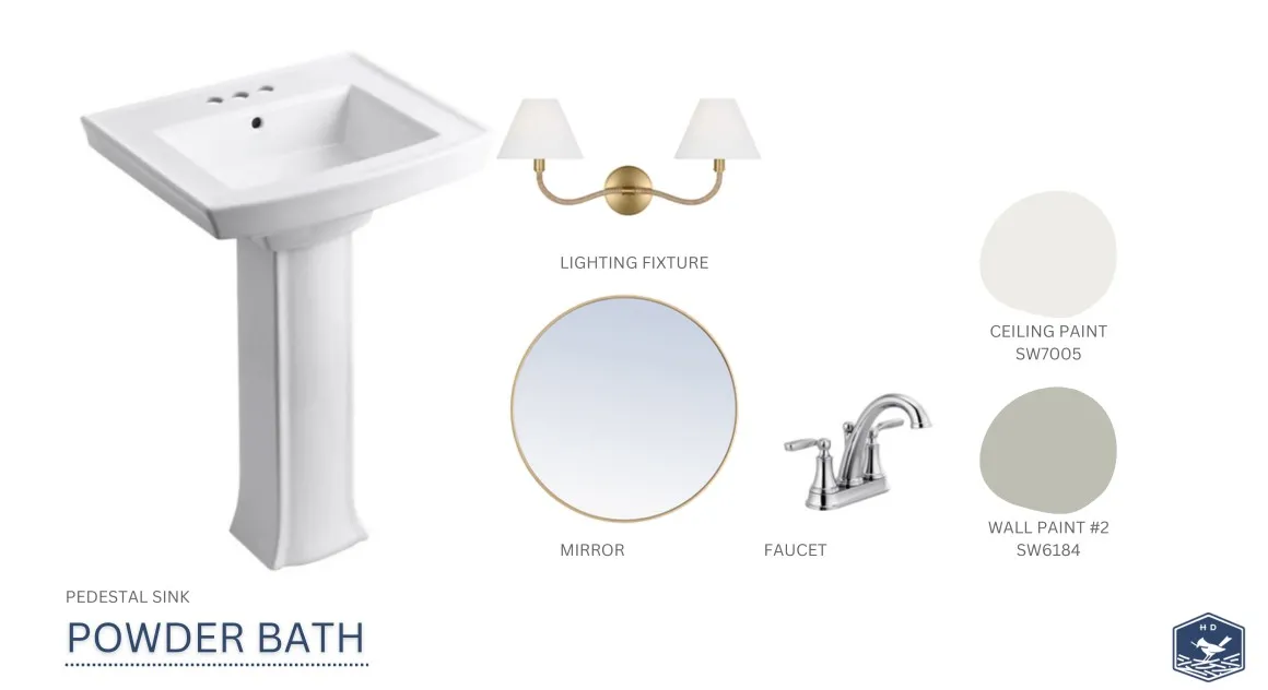 A curated design concept displays elegant fixtures and finishes planned for the powder bathroom.