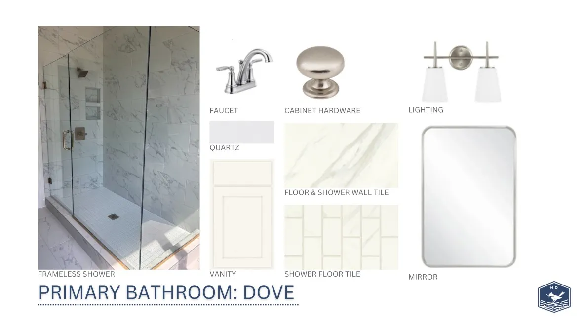 Carefully selected design finishes elevate the primary bath with timeless material options.