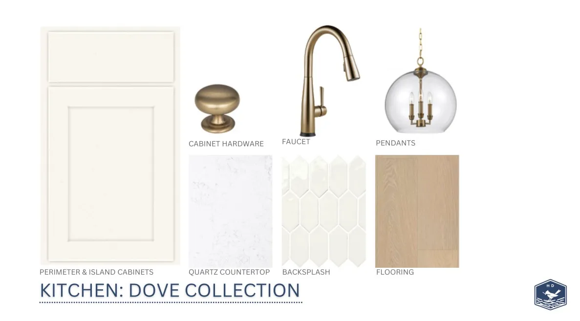 Selected premium finishes showcase elegant cabinetry options alongside light oak flooring and stone countertops.