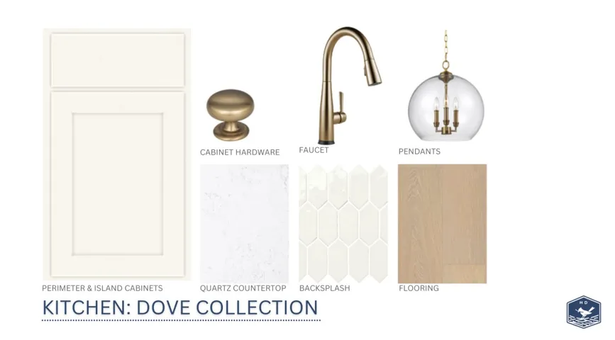 Selected premium finishes showcase elegant cabinetry options alongside light oak flooring and stone countertops.