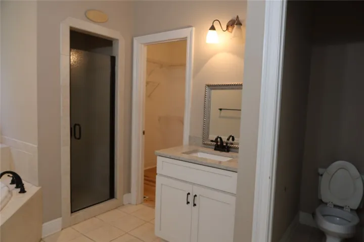 An inviting bathroom layout with a stone-counter vanity and walk-in closet access.