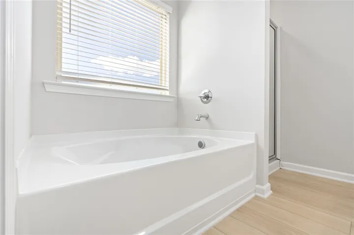 Natural light pours over the soaking tub and light wood flooring in this serene space.
