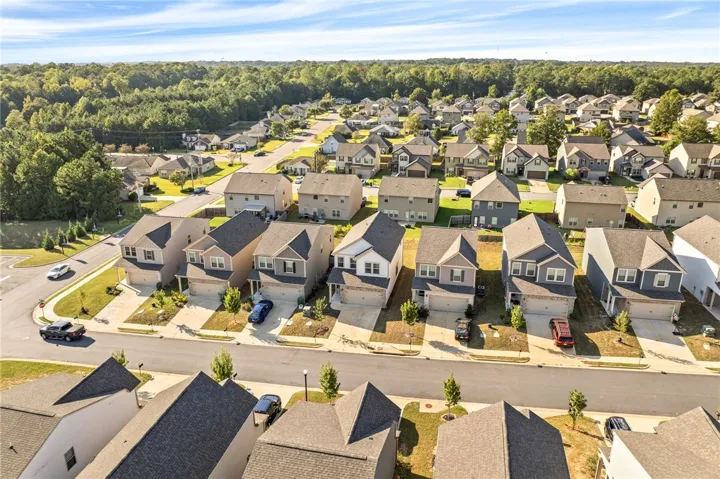An aerial perspective showcases a neat residential neighborhood bordering a lush forest backdrop.