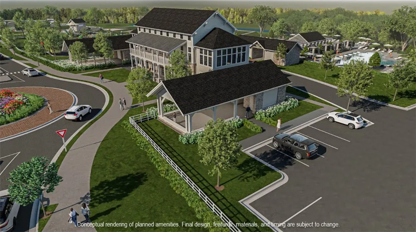 An aerial perspective showcases the neighborhood clubhouse, surrounding green space, and nearby community pool.
