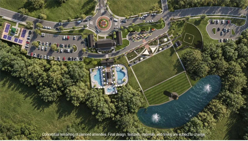 A comprehensive birds-eye view illustrates the planned community center with extensive recreational amenities.