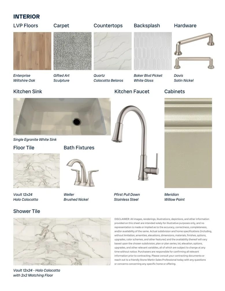 A detailed specifications sheet displays carefully curated material options for the upcoming interior finishes.