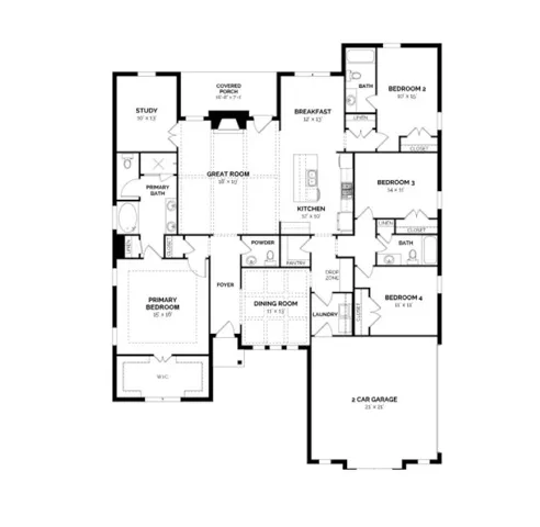 A detailed layout illustrates a highly functional and spacious single-story residential floor plan.