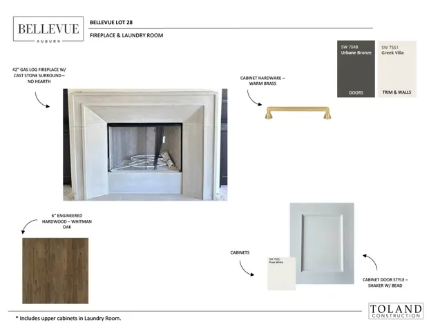 Design materials board outlines finishes including a cast stone fireplace surround and oak hardwood flooring.