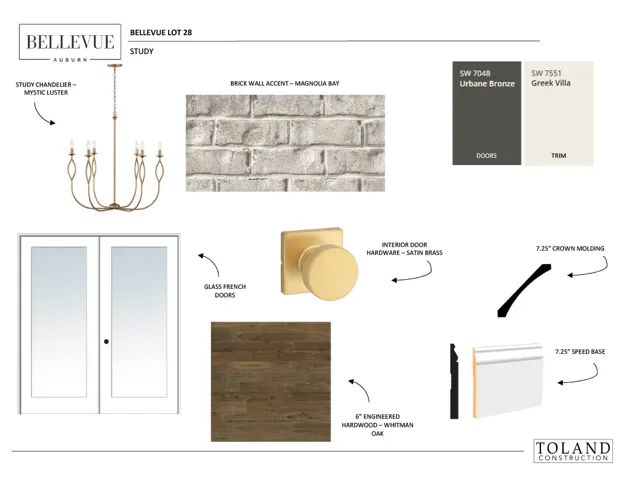 Design materials board showcasing selected study finishes including hardwood flooring and classic crown molding details.