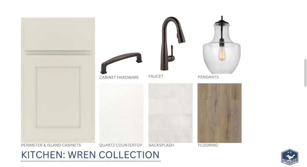 Premium design finishes curated for the kitchen include quartz countertops and wood-look flooring.