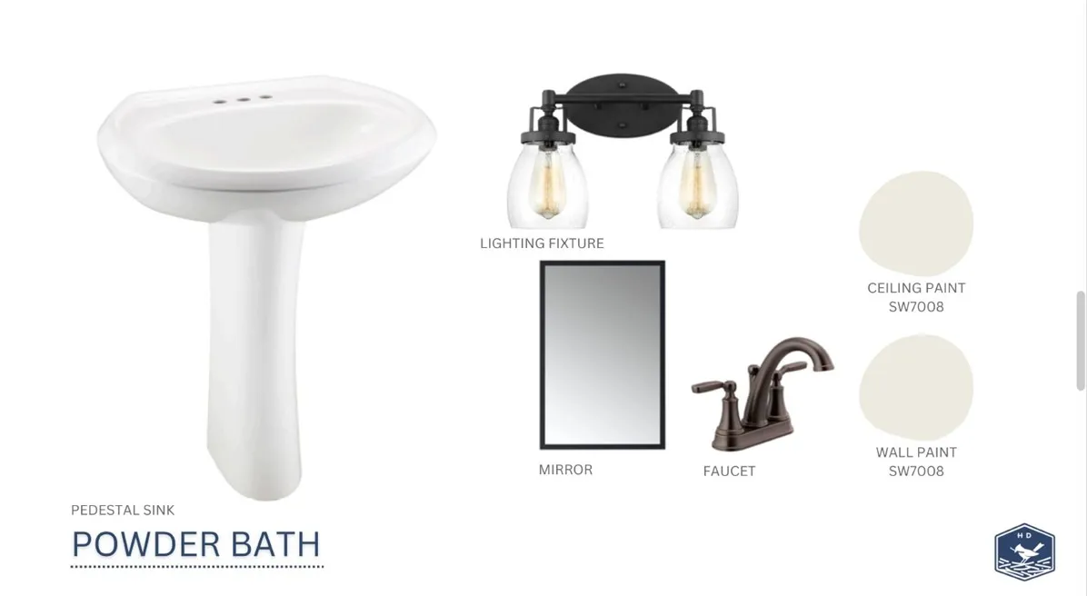 Selected fixtures and neutral finishes highlight the design plan for the powder bathroom.