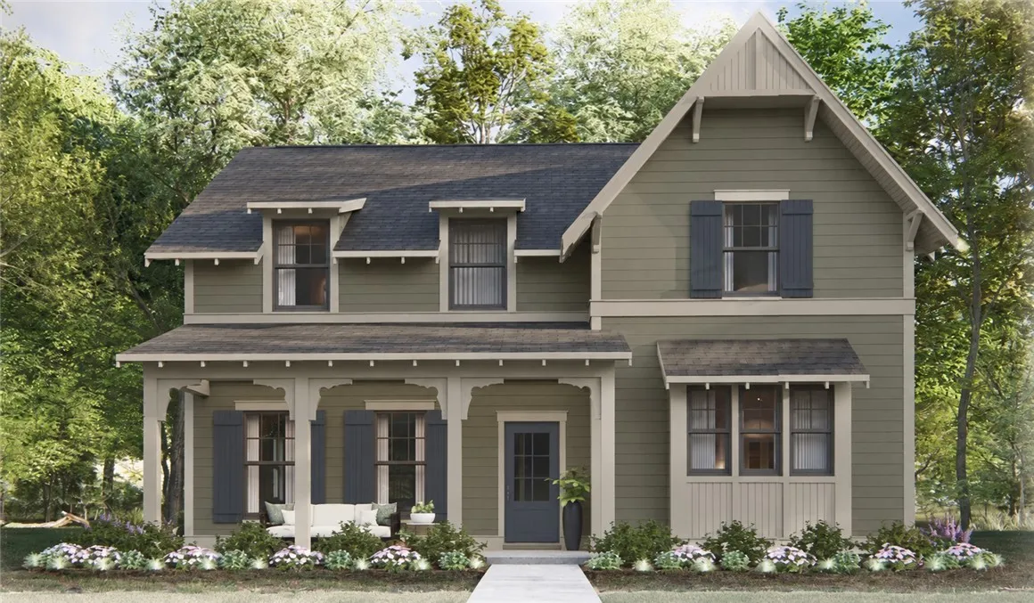 A welcoming front porch and classic shutters define this charming two-story home exterior.