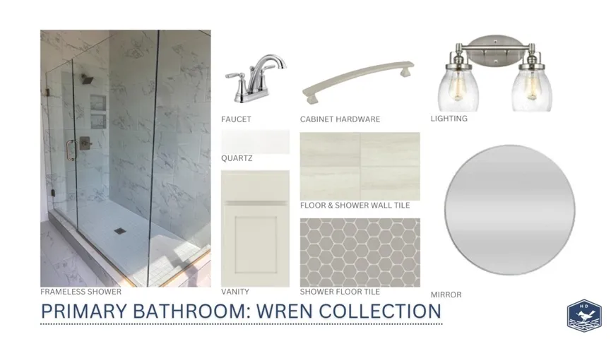 Carefully selected design elements define the curated finishes for this primary bathroom space.