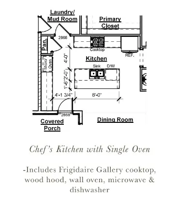 An architectural schematic illustrates a thoughtfully designed kitchen layout complete with a central prep island.