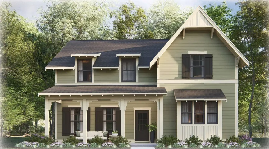 Craftsman styling shines through gabled rooflines and a welcoming covered front porch.