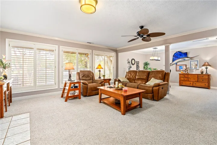 Crown molding and plantation shutters frame a bright, open living space lined with soft carpeting.