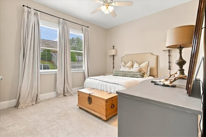 Plentiful natural light streams through multiple windows into this carpeted bedroom.