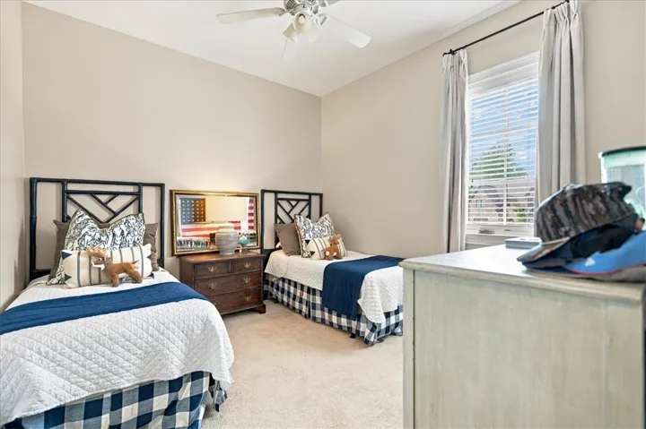 Plentiful natural light streams through a large window illuminating this carpeted bedroom.
