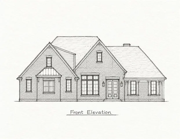 Architectural sketch displays a timeless brick exterior with steep gables and structured windows.