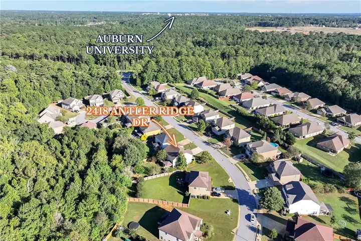 Lush green trees surround this peaceful neighborhood situated near local university grounds.