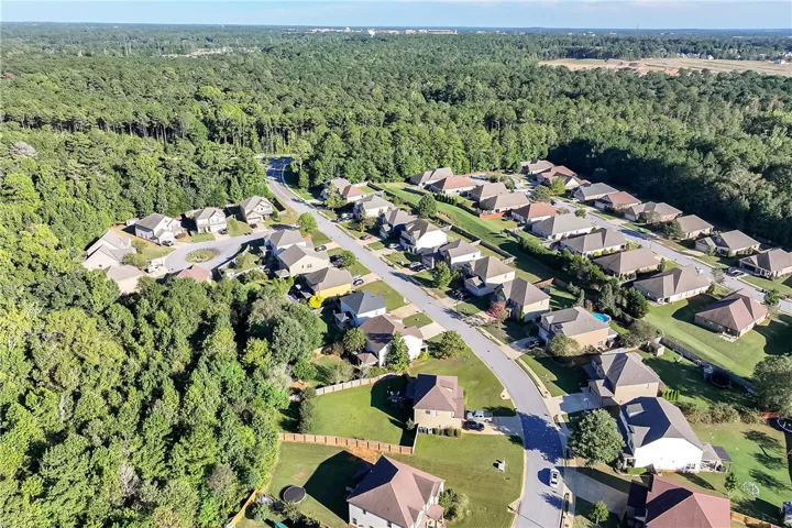 An aerial perspective reveals a quiet suburban street bordered by dense, mature woodlands.