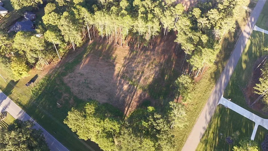 Mature trees frame a cleared building site nestled along quiet neighborhood roads.