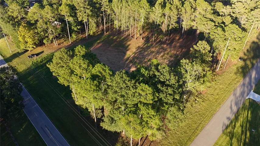 Mature trees frame a cleared building site nestled along quiet paved roads.