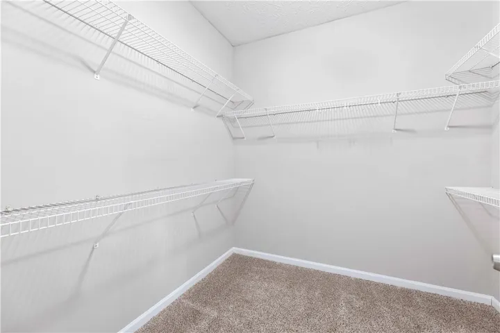 A spacious walk-in closet includes wire shelving and soft carpet underfoot.