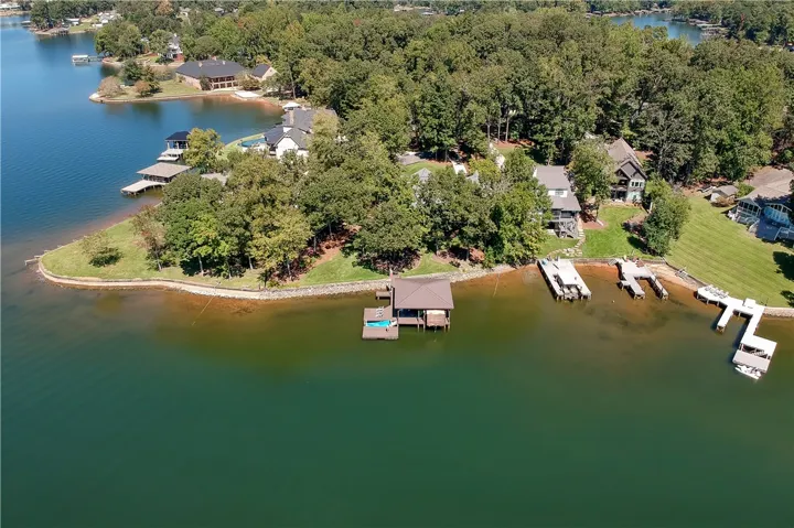 Lush green trees line the serene lakefront properties and private wooden docks.