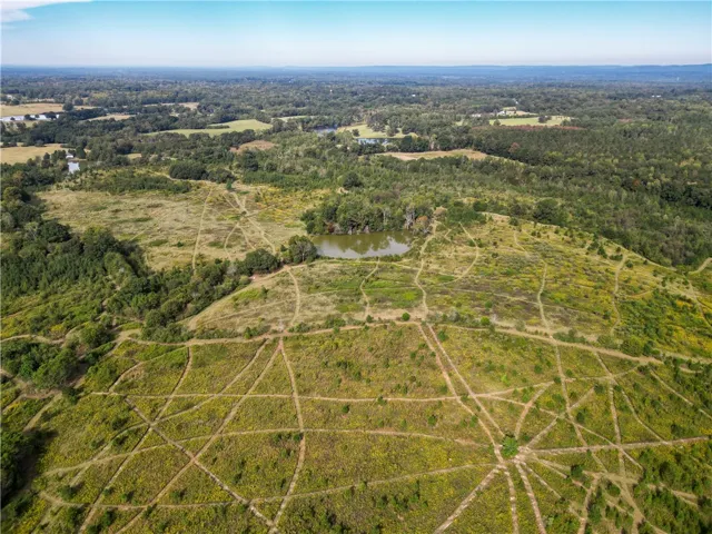 An aerial perspective showcases rolling hills, a private pond, and expansive natural scenery.