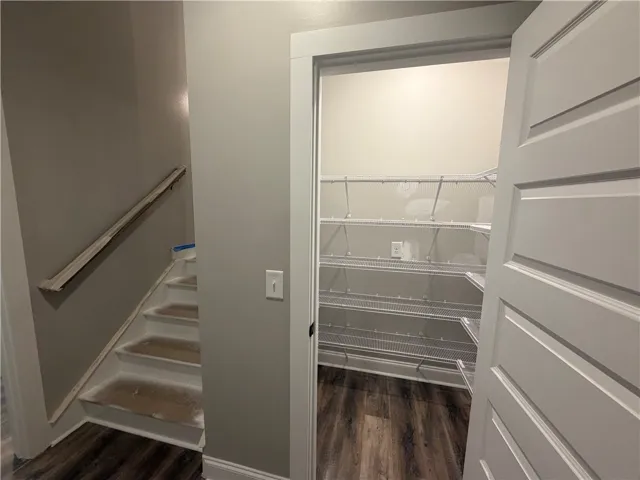 A spacious walk-in pantry with wire shelving sits adjacent to the staircase.