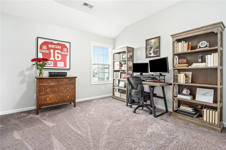 A vaulted ceiling and plush carpeting define this versatile home office space.