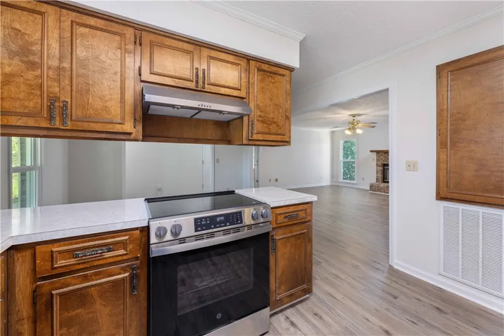 Rich wood cabinetry surrounds a modern range, opening to the adjacent living space.