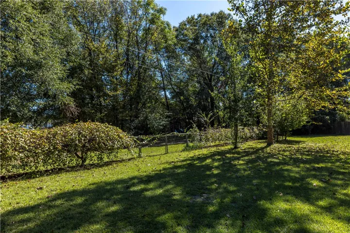 Mature trees frame a verdant lawn bordered by a classic chain link fence.
