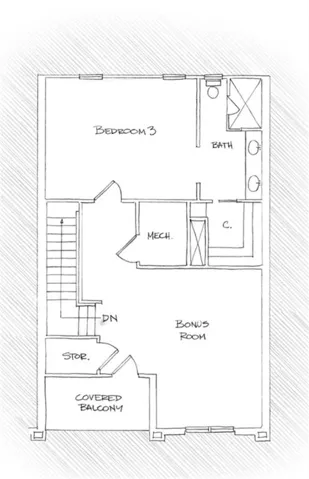 An architectural sketch illustrates a functional upper-level layout featuring a versatile bonus room.