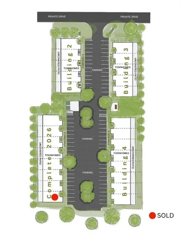 An illustrative site plan details the multi-building layout, parking distribution, and landscaping design.