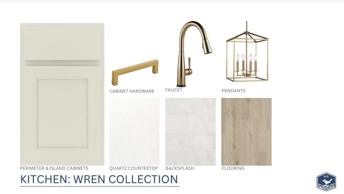 A curated design palette showcases elegant fixtures and finishes selected for the modern kitchen.