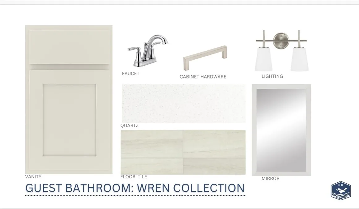 A curated design palette showcases classic finishes selected for the guest bathroom.