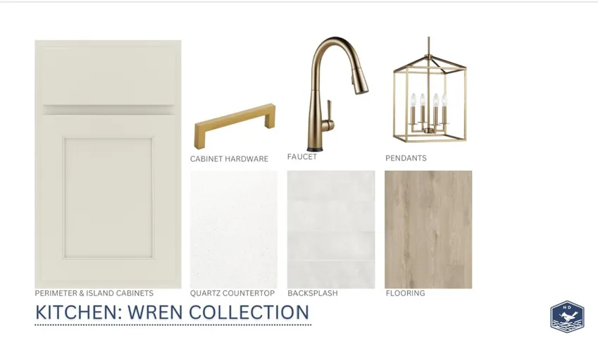 A curated design palette showcases elegant fixtures and finishes selected for the modern kitchen.