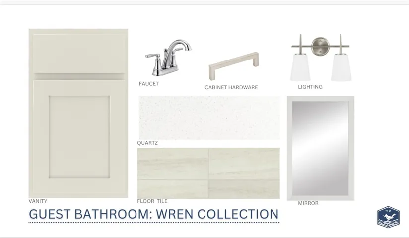 A curated design palette showcases classic finishes selected for the guest bathroom.