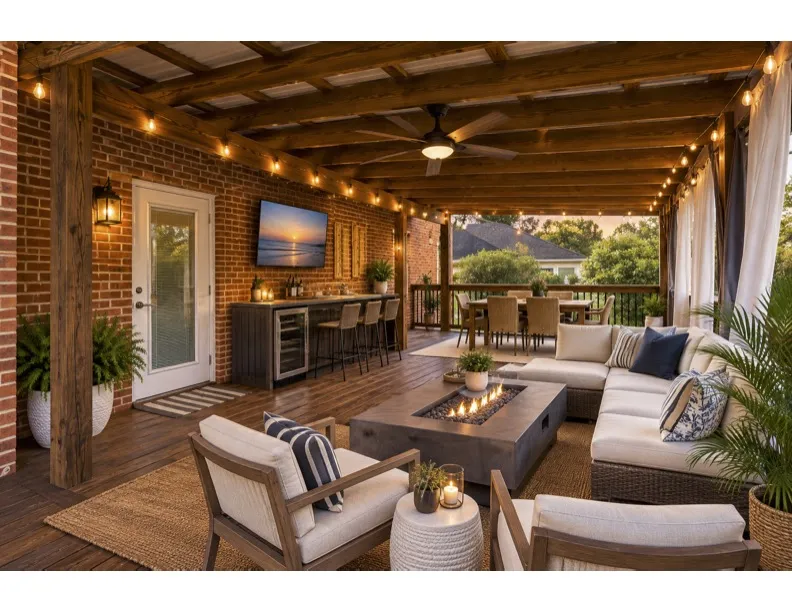 *Digitally staged*A spacious covered deck features exposed timber framing, brick accents, and a built-in stone bar.